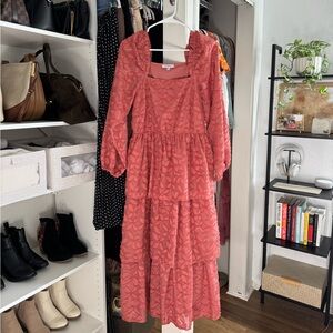 Textured Tiered Midi Dress in Dusty Rose - Unknown Brand